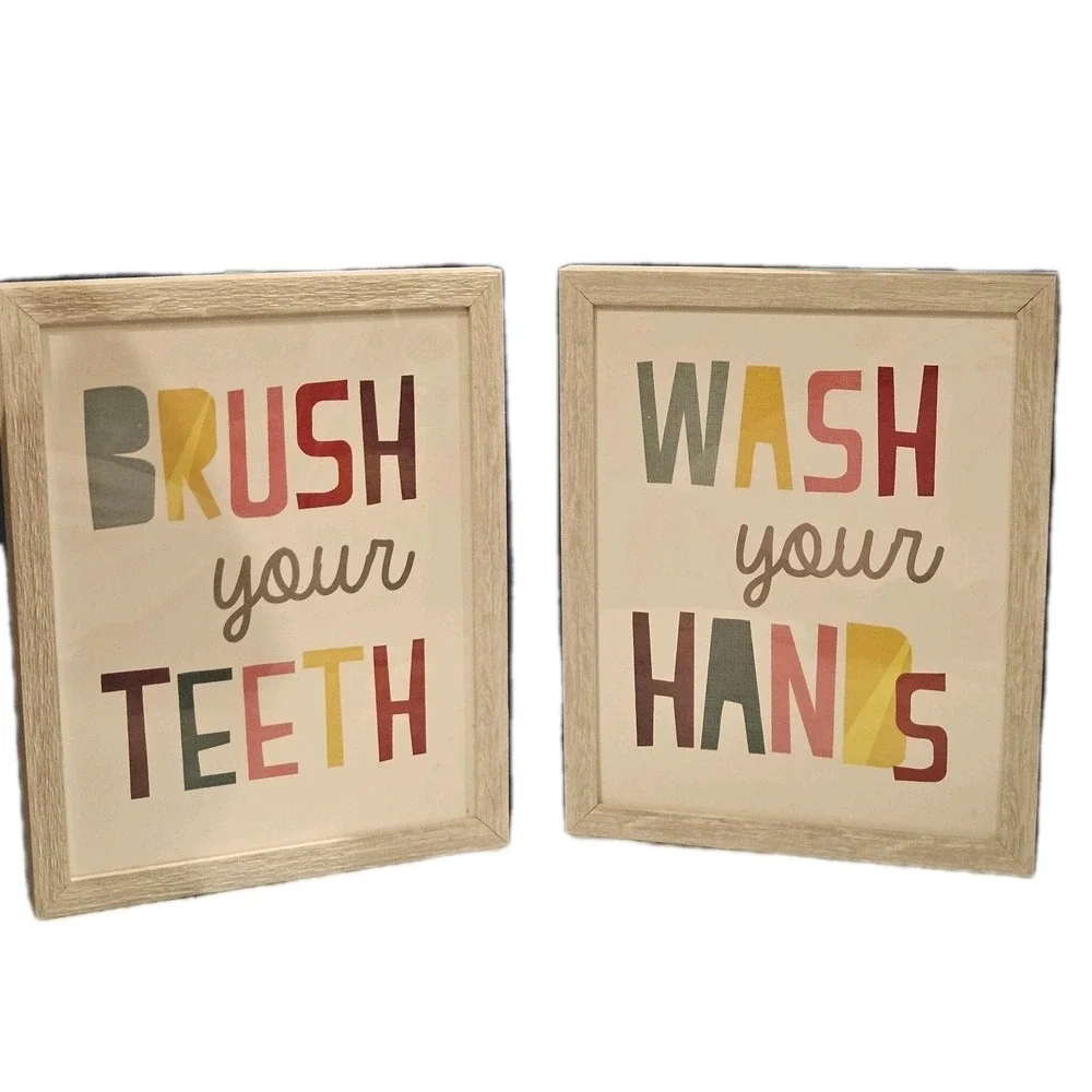 Brush Your Teeth Wash Your Hands Bathroom Wall Decor Set Kids Nursery‎ Framed